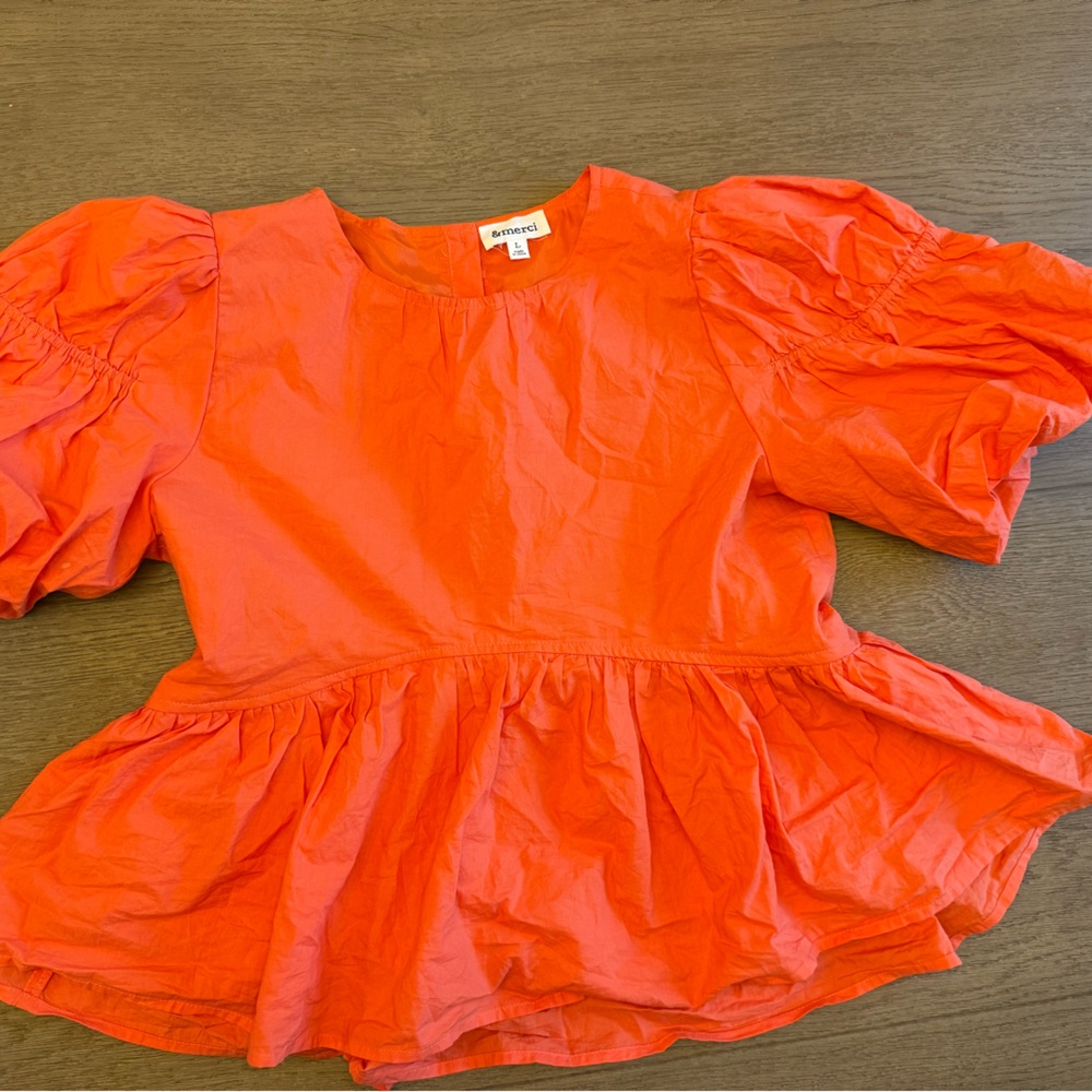 &merci Orange Peplum Top with Puff Sleeves size Large